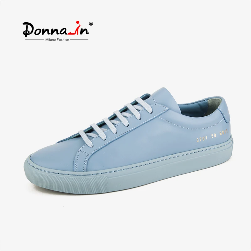 Donna-in Haze Blue Genuine Leather Sneakers for Women White Flat Shoes 2023 Spring Casual Round Toe Breathable Lace-up Trainers