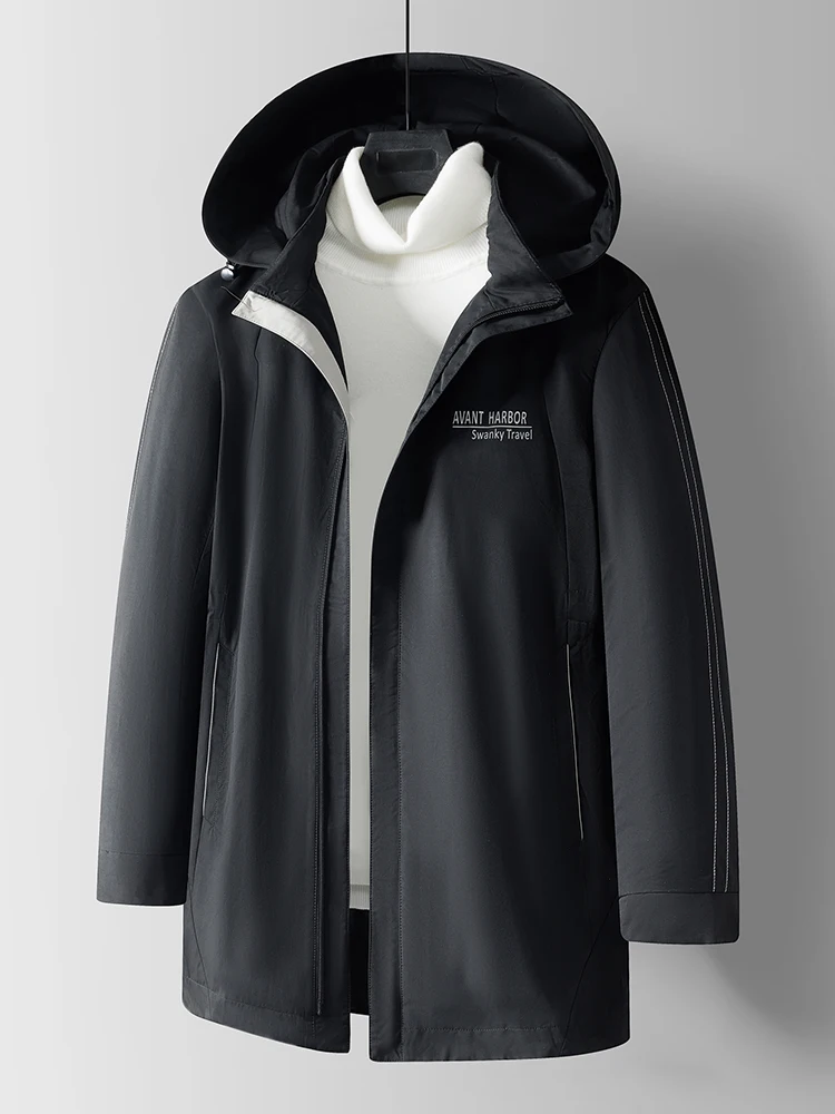 

Spring 2024 Men's Hooded Casual Pure Color Jaet Coat Faionable Versatile Stand Fit Zipper Closure Mid-Length Coat