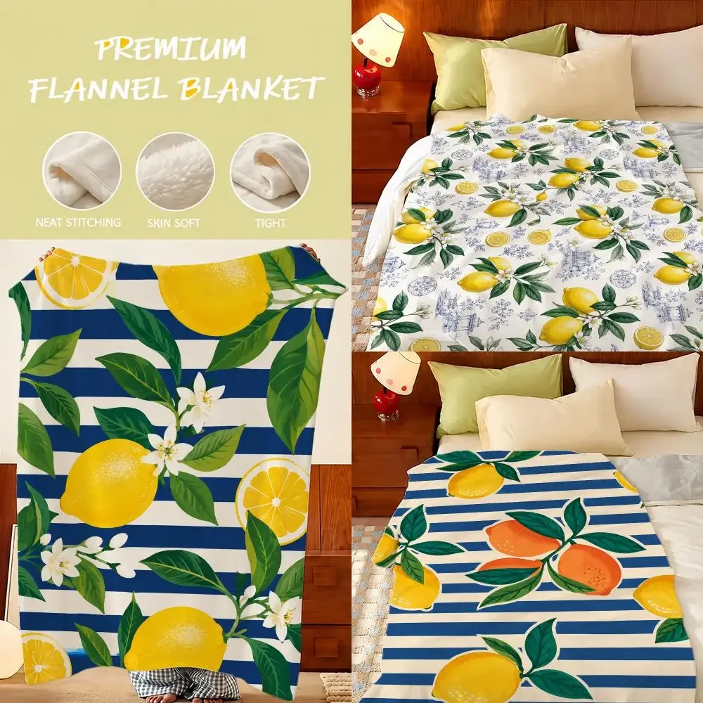 Summer Lemon Hand Drawn Fruit  Throw Plush Flannel Throw Blanket, Sofa Bed Travel Picnic Home Textile Decor