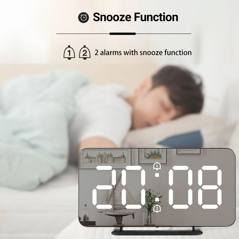 Digital Alarm Clocks LED Mirror Electronic Clock with Temperature Display Dual Alarm Snooze 12/24H Switch