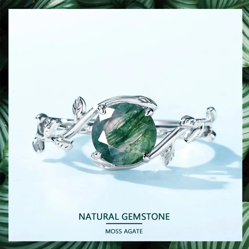 ALLNOEL Solid 925 Sterling Silver Natural Green Moss Agate Rings for Women Unique Gemstone Fine Jewelry Branch Vine Healing Gift