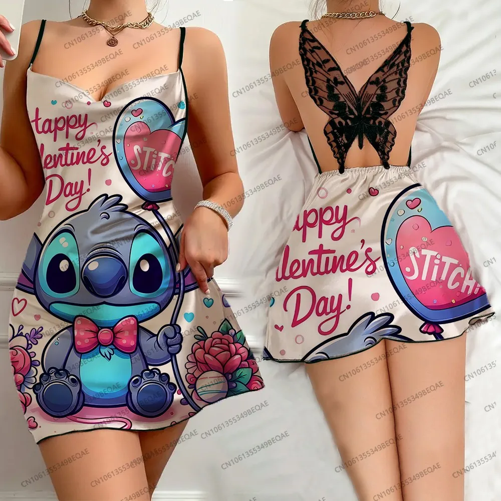 Summer Elegant Backless Party Dress for Women Sleeveless Butterfly Lace Cartoon Stitch Print Skirt Sexy Suspender Nightdress