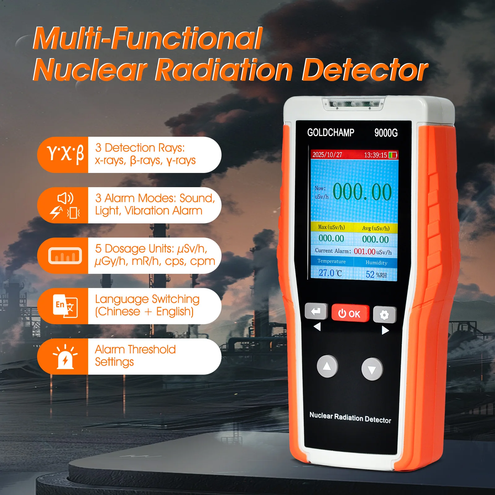 

9000G Personal Radiation Dosimeter Portable Geiger Counter with Cumulative Dose Tracking for Scanner Radioactive Rock Detection