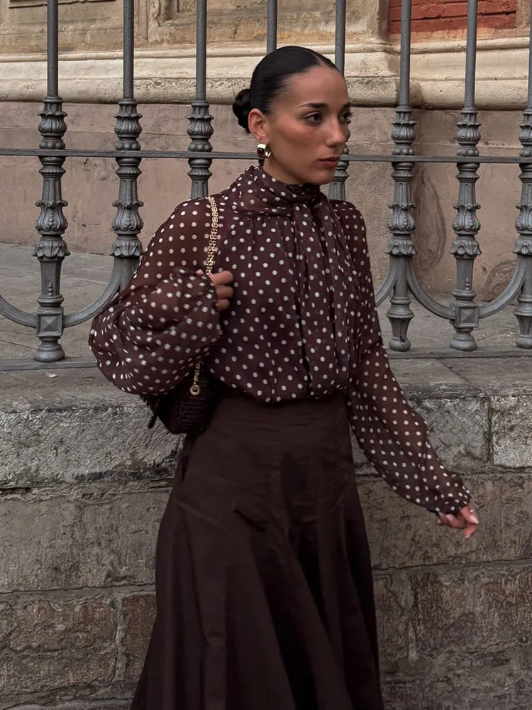 

HH Women's Fashion Versatile Scarf Collar Polka Dot Print Long Sleeve Shirt Female Chic High Street Casual Pullover Shirt Mujer