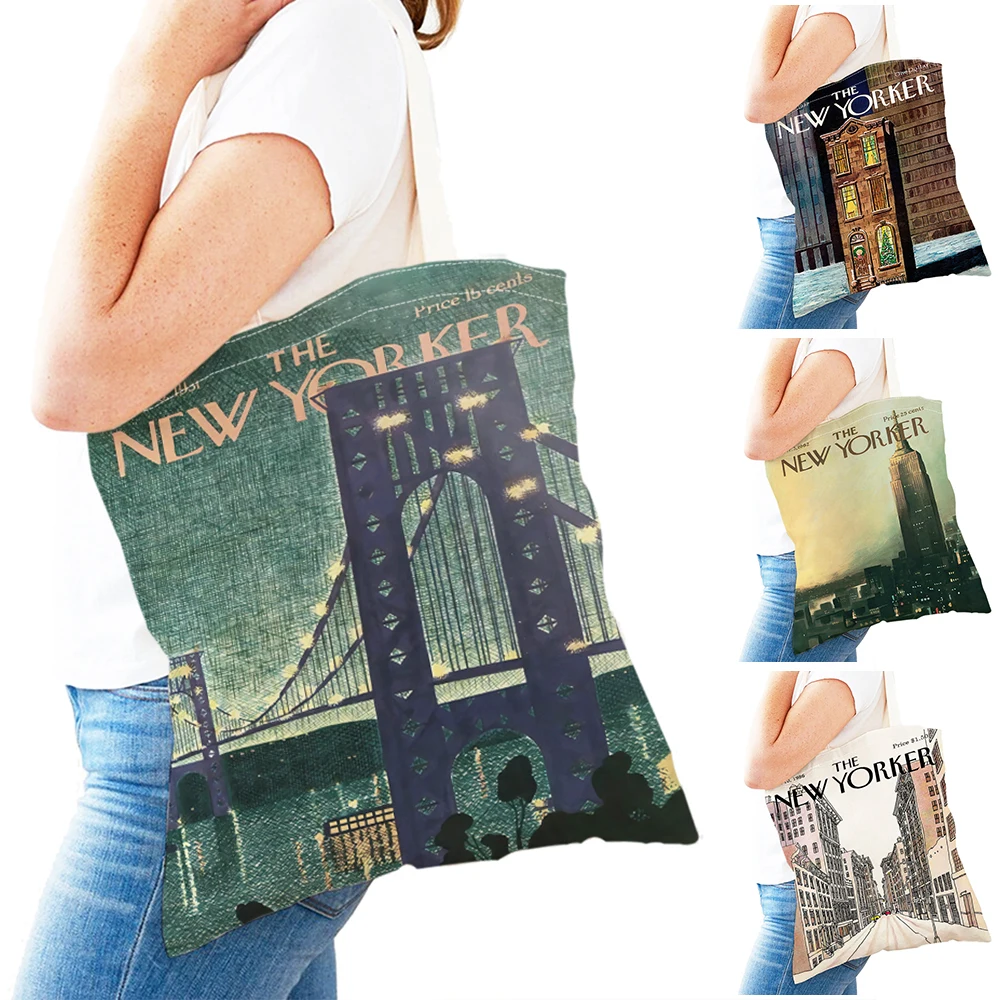 New Yorker Women Shopping Bags Double Print Casual Magazine Travel to City Shopper Bag Lady Canvas Tote Leaf Travel Handbag