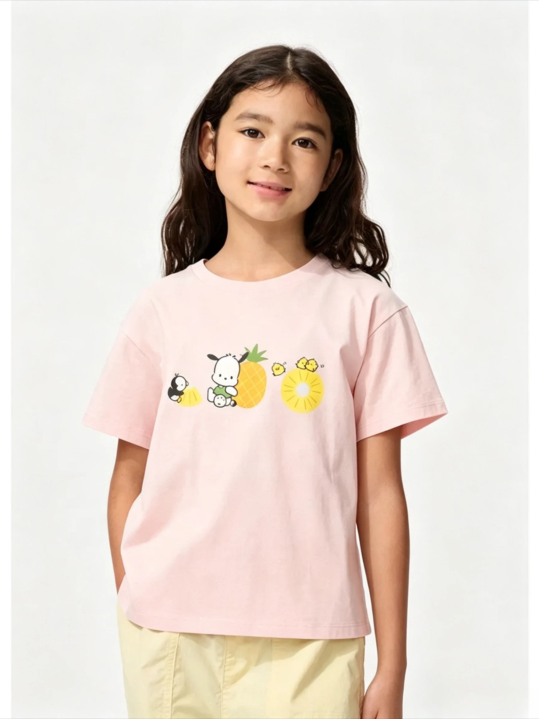 Kawaii Pochacco Kids T-shirt Cute Puppy Pineapple Fruit Print Summer Breathable Short Sleeve Girls Casual Tops