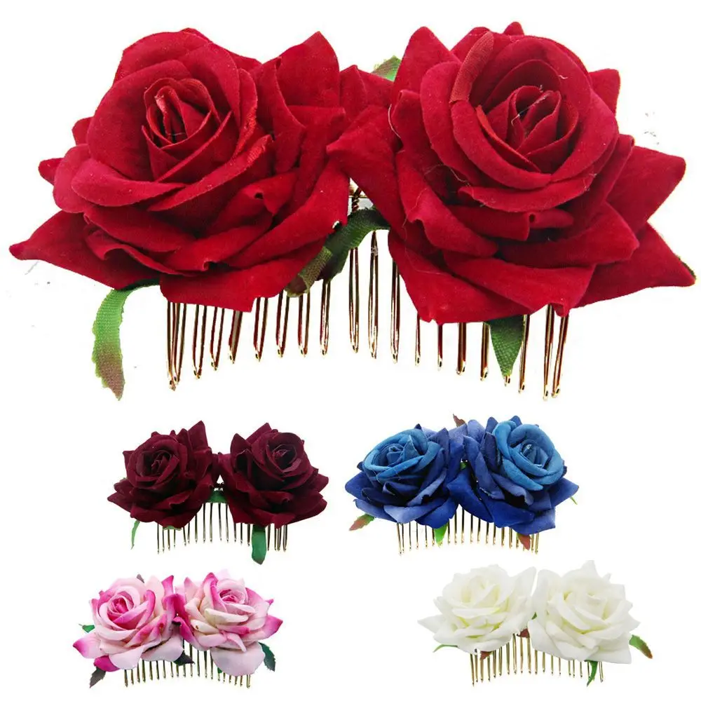 Red Rose Flower Bridal Hair Comb Pins Handmade Wedding Accessories Jewelry Women Prom Headpiece