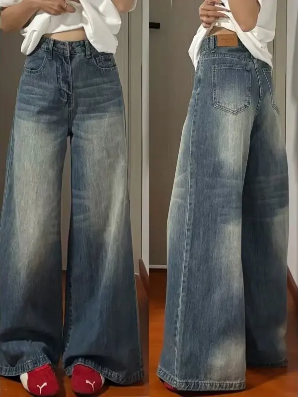 

plus Size Women's Vintage American Style Wide Leg Jeans Loose Fit Straight Cut Floor Length Pants Spring Autumn High Waist Co...