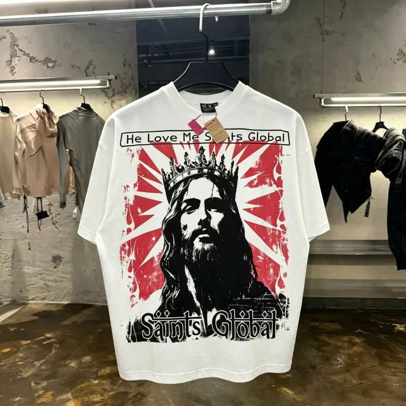 White Thorn Jesus Graffiti Print Summer Saint Tshirts Breathable Cotton Round Neck Short Sleeve Men Women Hiphop Streetwear