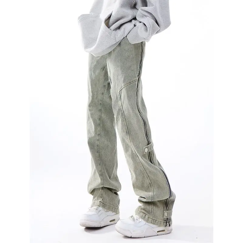 Summer yellow mud-colored niche made old washed side zipper jeans for men and women new straight slim mopping trousers