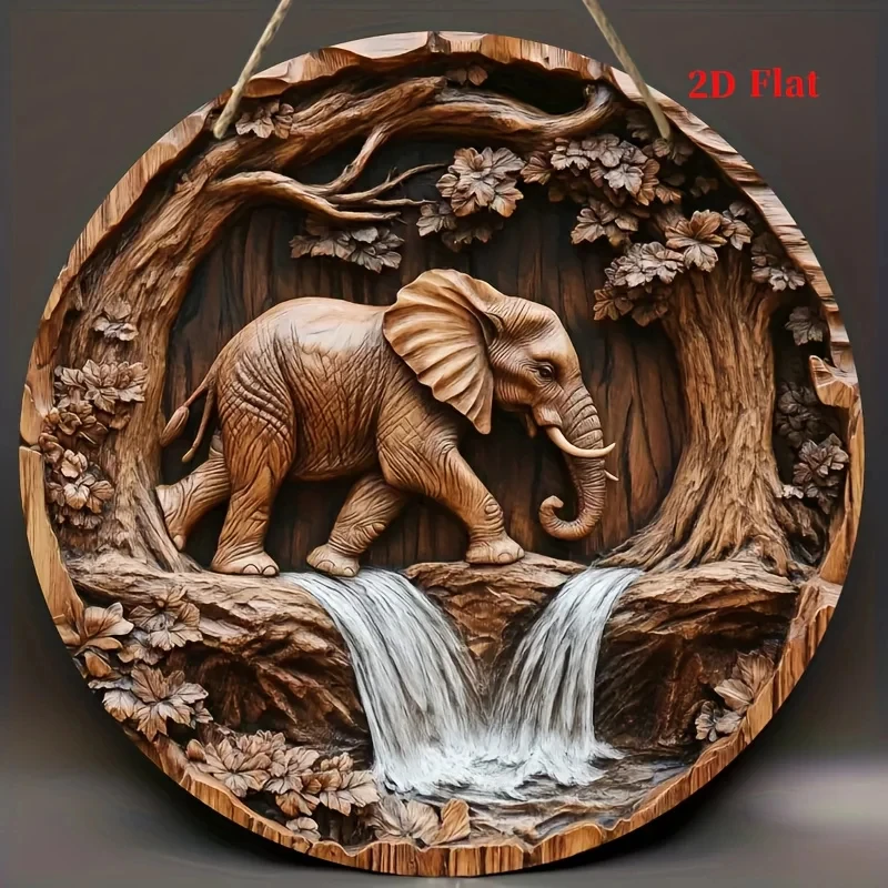 Vintage Metal Elephant Forest Waterfall Scene High-Definition Metal Tin Sign – 2D Flat Product Design, Enhances Depth and