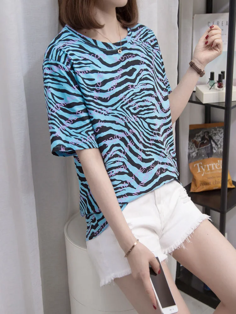 

L-4XL Large Size Zebra Pattern Tshirt Women Summer Cotton Short Sleeve Loose Basic T-shirt Letter Print Cool Casual Tees Tops