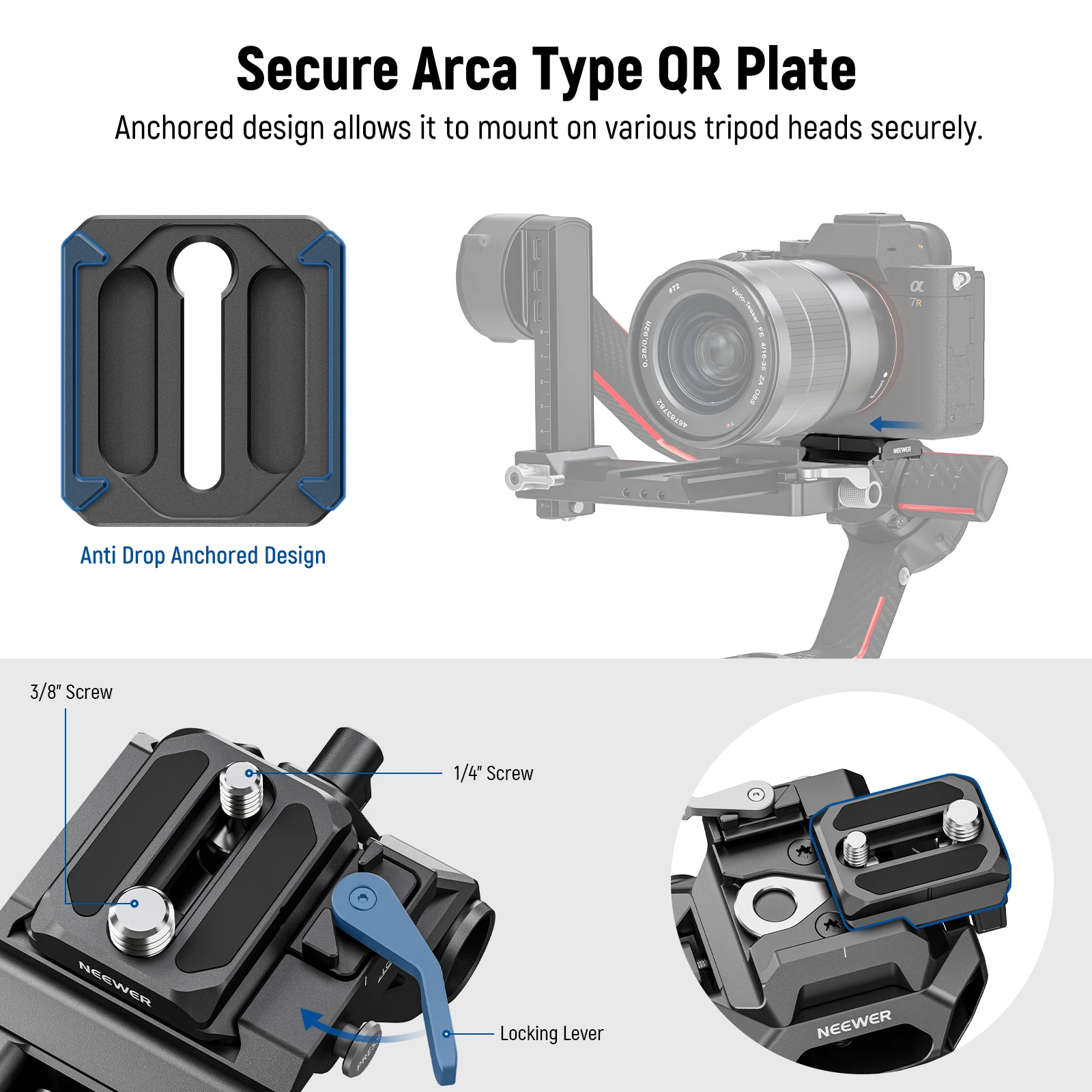 NEEWER 15mm LWS Baseplate with Arca Type QR Plate & Base, Dual 15mm Rod Clamps, Retractable Anti Off Pin, 1/4\