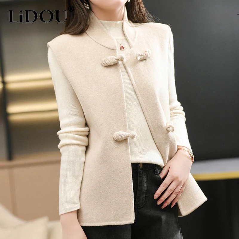 

Autumn Winter Stand Collar Chinese Style Solid Color Frog Woolen Vest Coat Lady Casual Fashion Tank Top Women Sleeveless Jacket