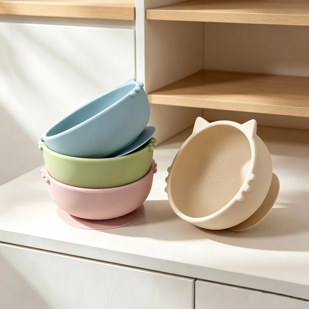 Cute cat shape Silicone Baby Suction Bowl, Non‑Slip Toddler Feeding Bowl, Anti‑Fall Food Bowl for Infant Kids