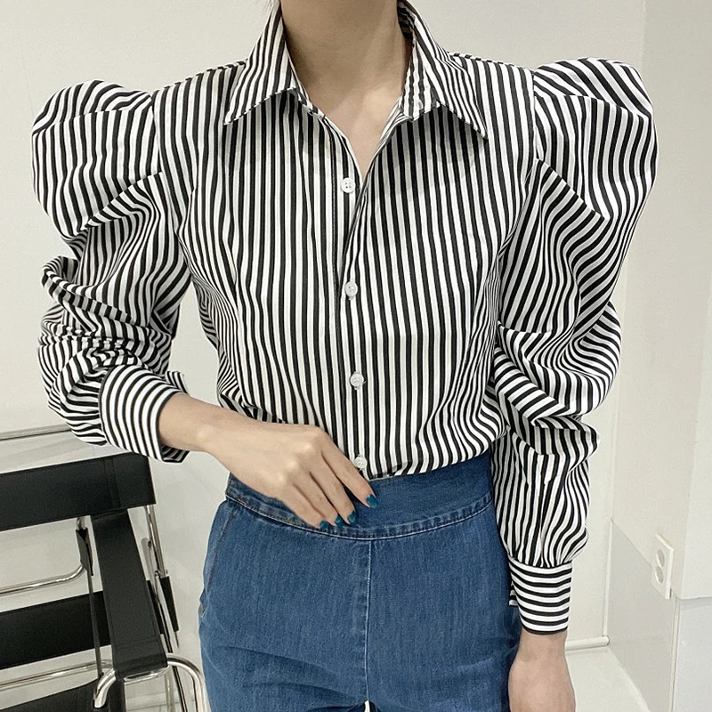 

Chic Early Autumn Collar Color Blo Striped Single Button Loose Bubble Sve irt Women's Straight Tube Long Sve