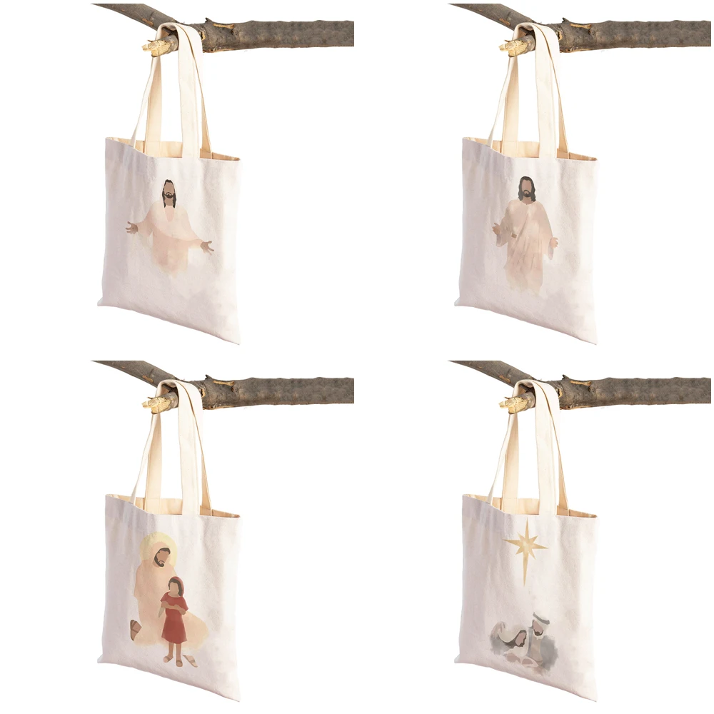 Jesus Portrait Christ\'s Embrace Christian Lady Shopper Bag Vintage Tote Handbag Savior Foldable Canvas Women Shopping Bags