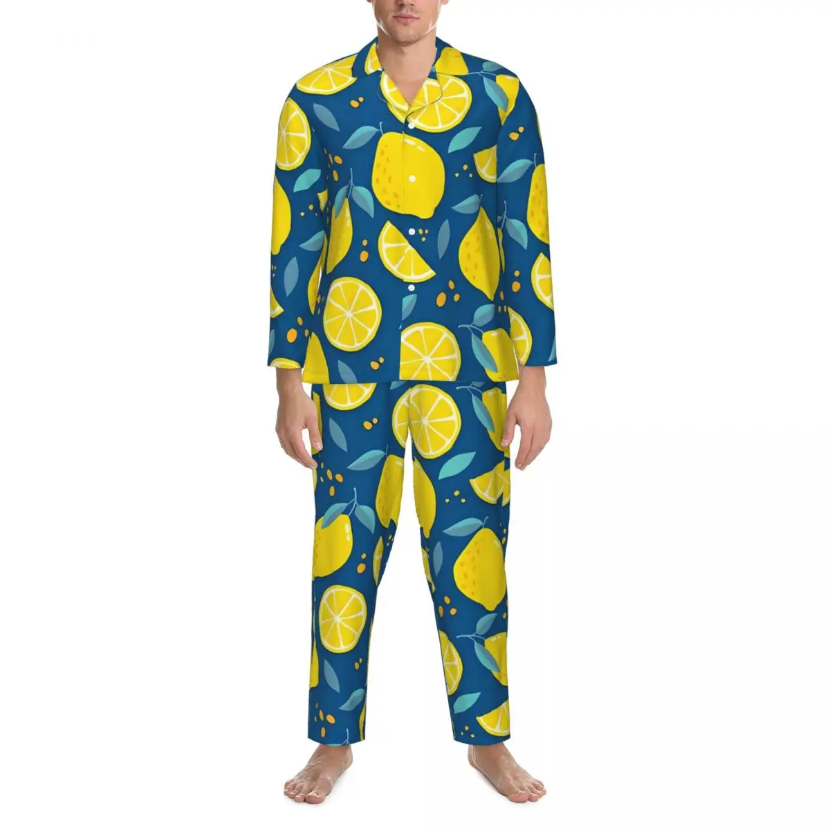 Modern Lemon Sleepwear Autumn yellow Fruit Print Retro Oversized Pajama Sets Male Long-Sleeve Warm Leisure Design Nightwear