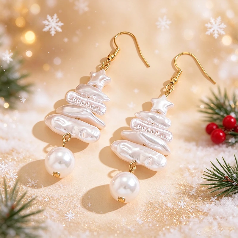 Huitan Irregular Baroque Imitation Pearl Christmas Tree Dangle Earrings for Women Exquisite Daily Party New Year Xmas Jewelry