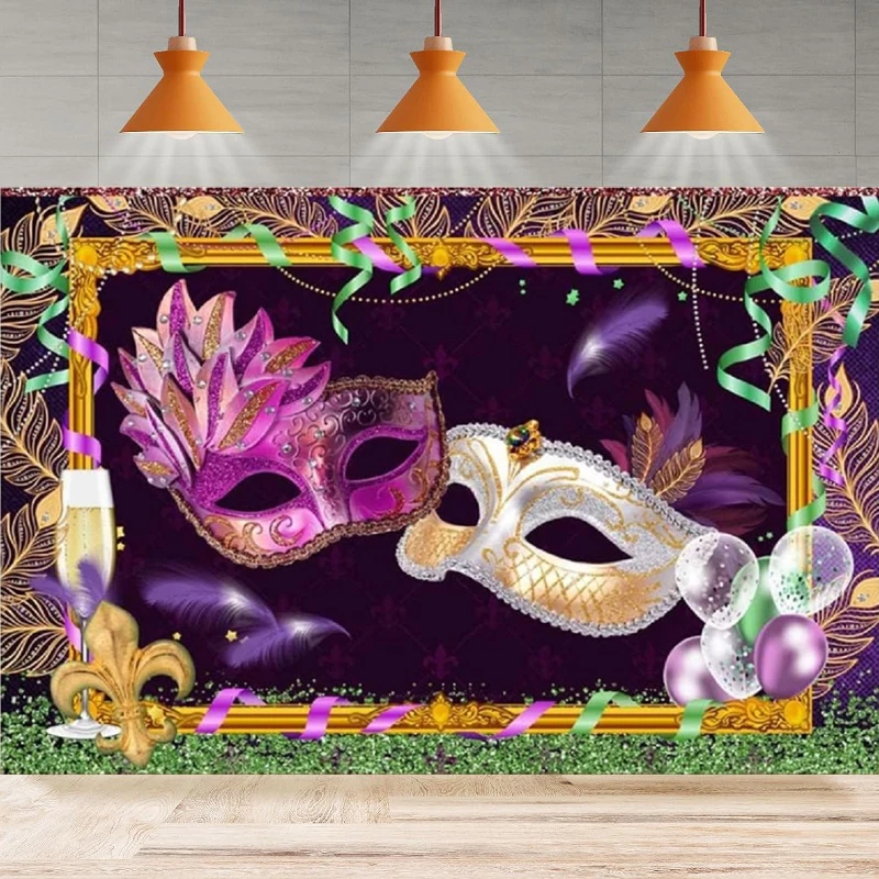 Mardi Gras Photography Backdrop Masquerade Purple White Masks Gold Glass Poster Background Home Party Backdrop Wall Banner Decor