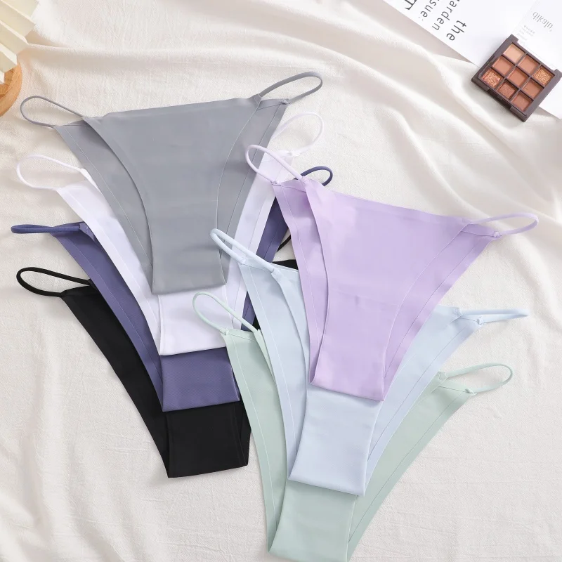 4PCS/Set Seamless Thin Strap Thong Underwear Women Low Rise Briefs Ice Silk Comfortable Panties Multi Color No Trace Lingerie