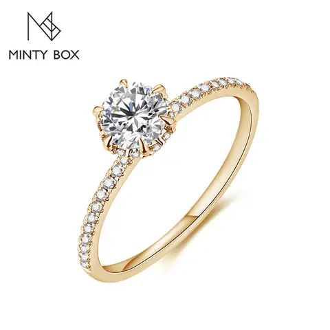 MINTYBOX 여성용 옐로우 골드 D 컬러 모이사나이트 반지, 수제 14K, 6.5mm, 순수 10K 원형 약혼 반지, 파인 주얼리 선물
