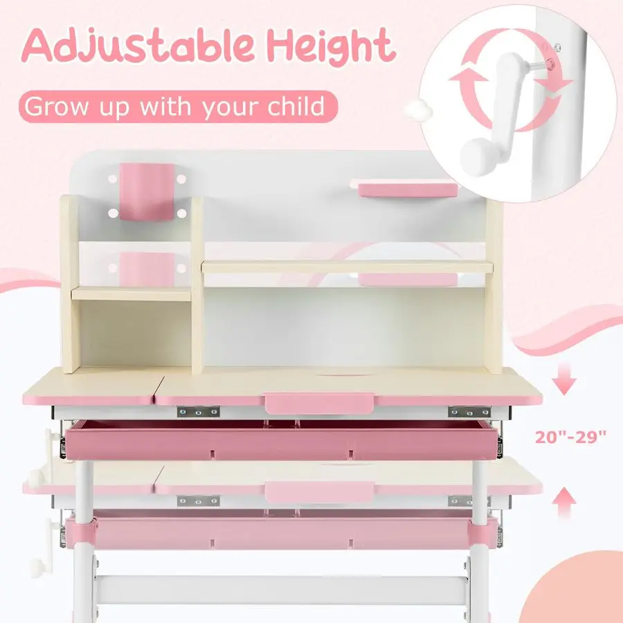 Scrivania da studio per bambini, scrivania da scuola per bambini regolabile in altezza con portaoggetti, desktop inclinabile, portapenne, righello per scala, computer per studenti
