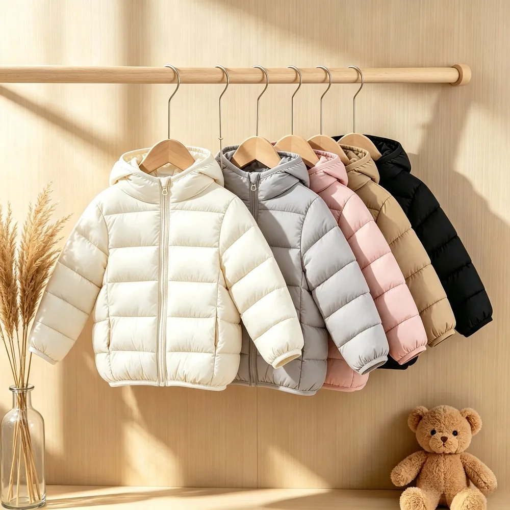 Kids Lightweight Hooded Puffer Jacket Full Zip Quilted Coat Elastic Cuffs Boys Girls 5 Colors Versatile Autumn Winter Outerwear