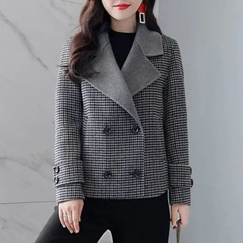 2024 Autumn New Check Plaid Wool & Blend Women\'s Blazers Tweed Clothing Female Coats and Jackets Gray Outerwear Tailoring In