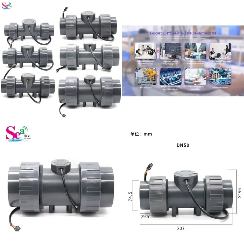 DIJIANG ZJPVC-DN50 2 Inch UPVC Material Water Flow Meter 1160LPM Turbine Sensor +/-3% Accuracy NPN Pulse OEM ODM