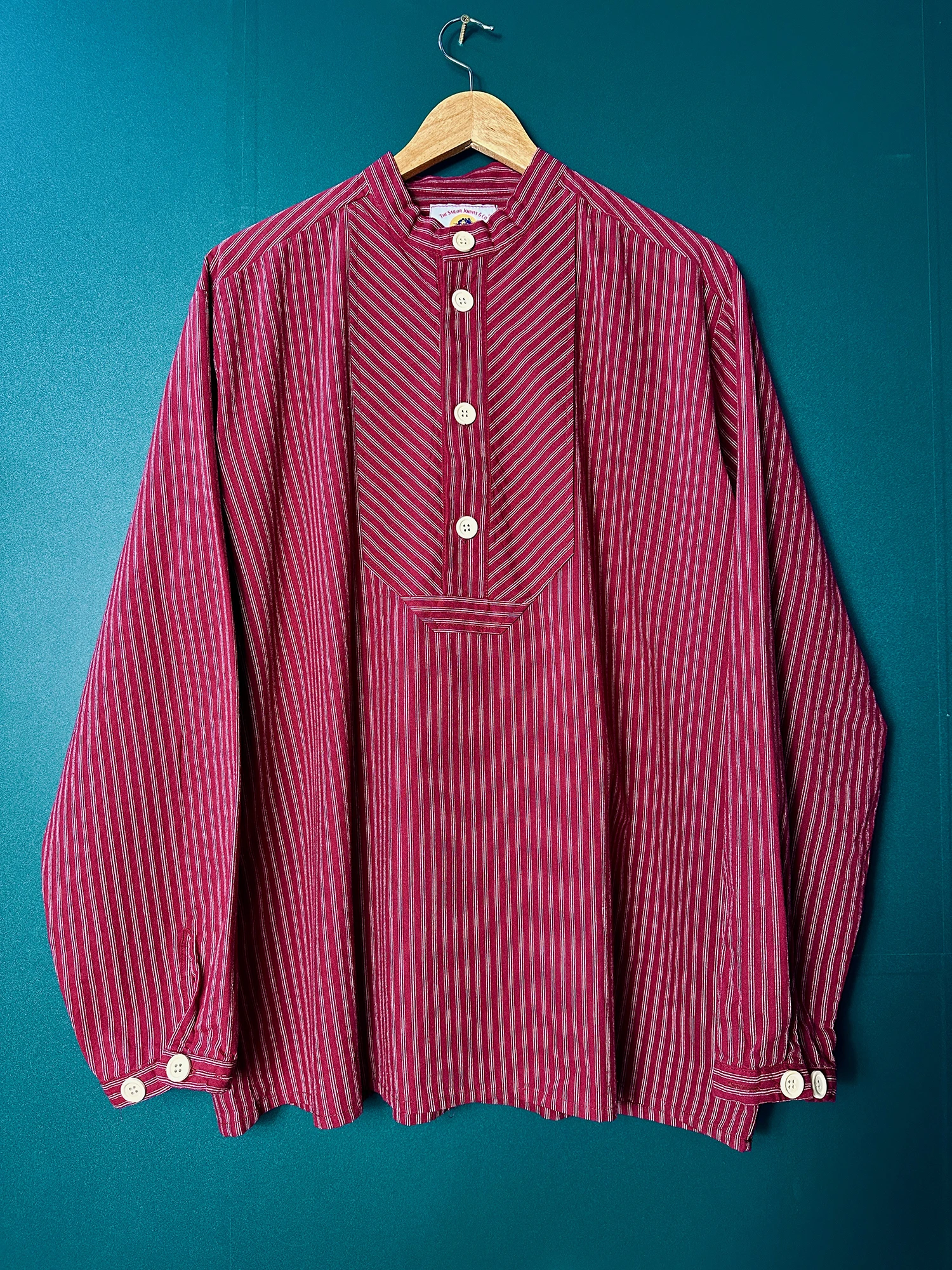 

Sailor Johnny American Retro Cotton Striped Oversized Washed Work Shirt Unisex Slimming Crew Neck Long Sleeve Button up Shirt