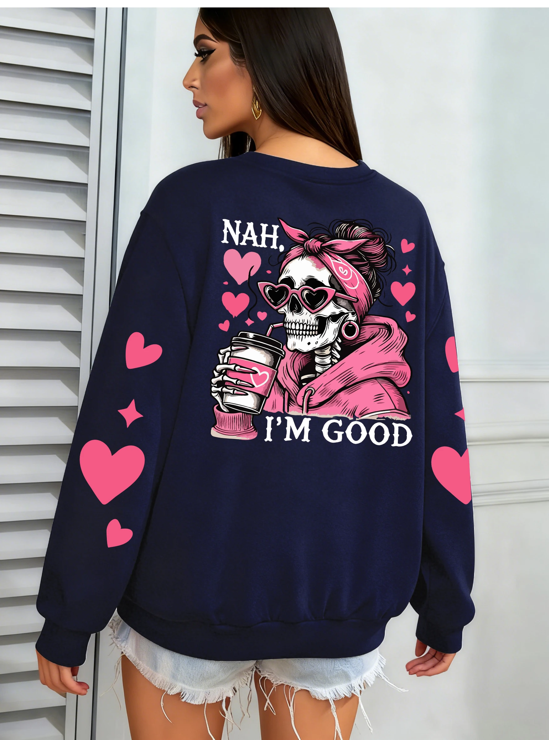 I'm Good Coffe Skull Heart Design Women Sweatshirt Autumn Y2K Sportswear Crewneck Hip Hop Clothes Fleece Jogging Pullovers