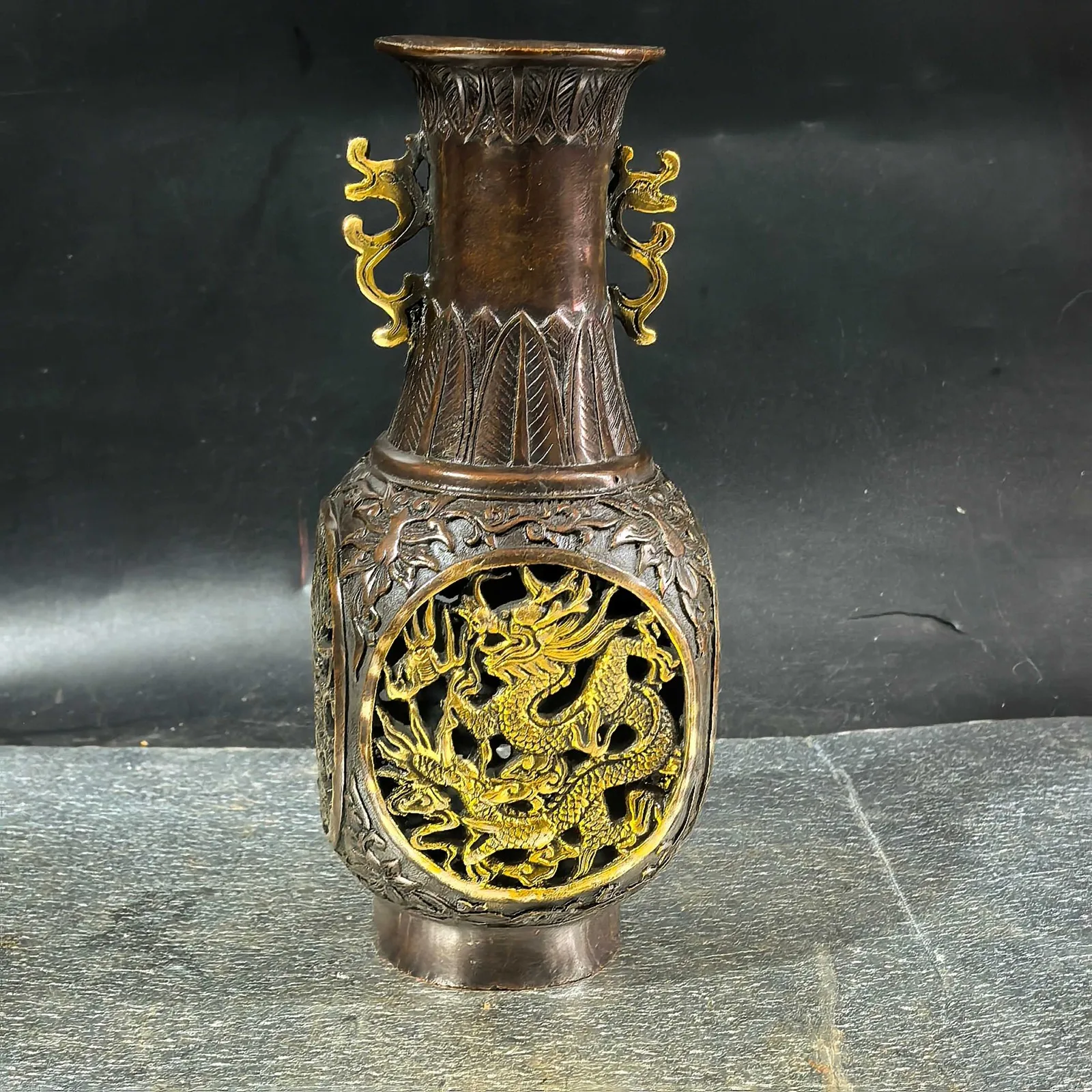 Openwork Carved Dragon Phoenix Vase Pure Bronze Antique Collectible