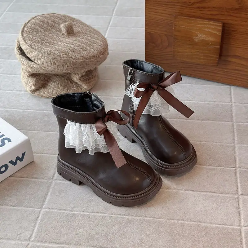 Girls Furry Lace Leather Ankle Boots for Autumn Winter 2025 Princess Style Short Boots Trendy Kids Winter Shoes