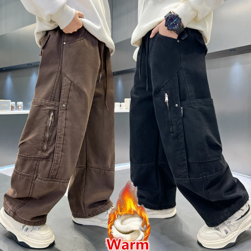 

Child Winter Warm Heavy Weight Cargo Pants with Fleece For Tweens Boy Classic Design Insulated Trousers Kids Thick Sweatpants