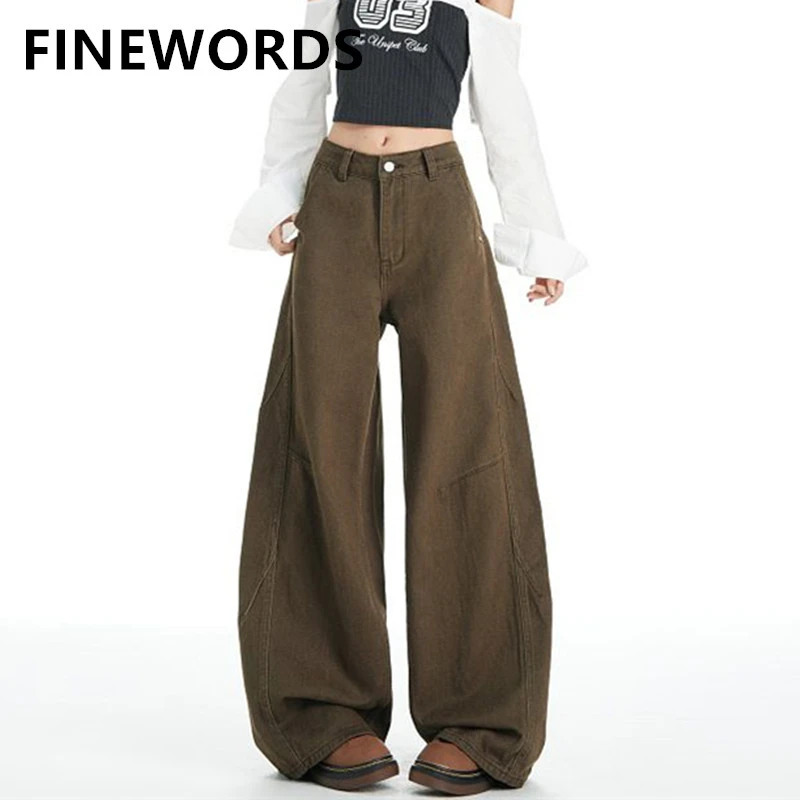 

FINEWORDS винтажные широкие коричневые джинсы женские уличные мешковатые джинсовые брюки в стиле панк джинсы полной длины с высокой талией