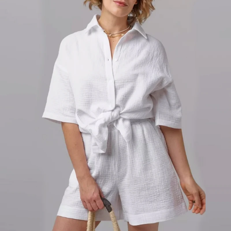 Muslin 100% Cotton Gauze Elegant Women\'s Sets Button Up Shirts Top + Shorts Sets for Women 2 Pieces 2024 Summer Holiday Outfits