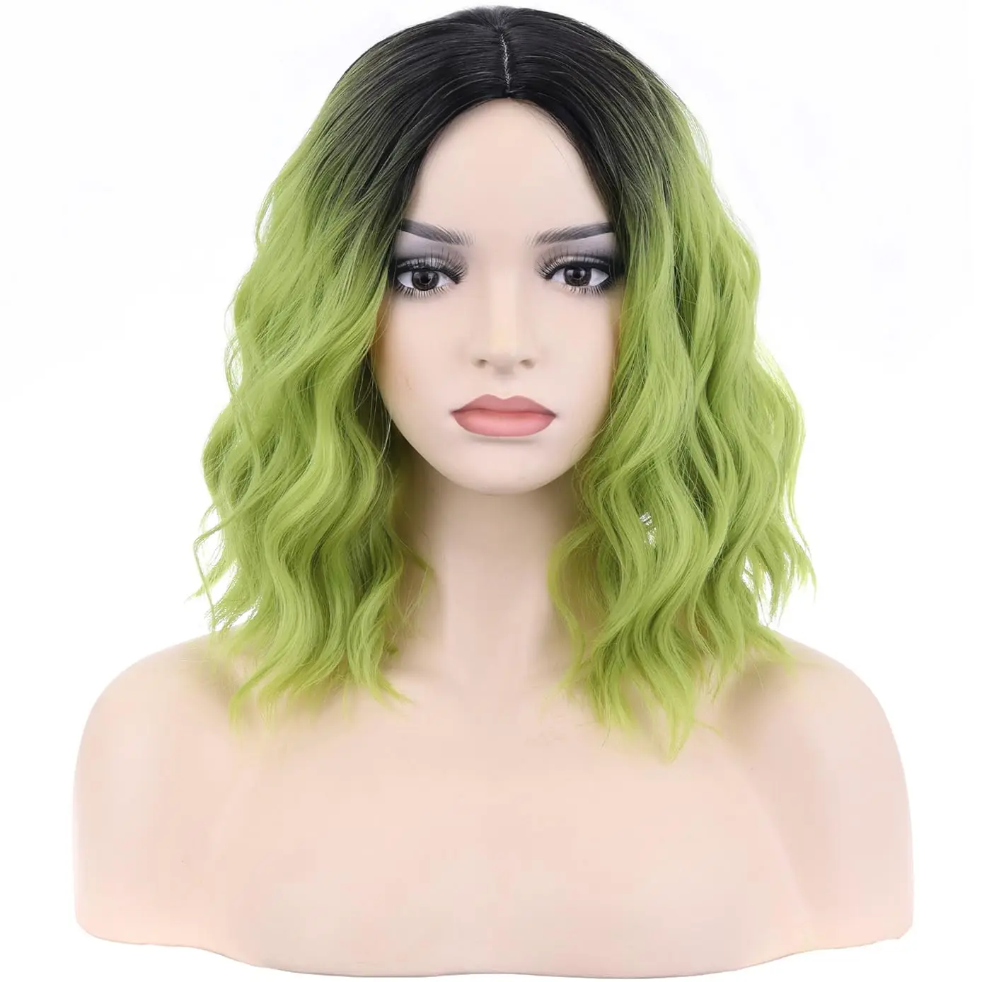 Monster Ombre Green Short Curly Bob Halloween Wig, Ombre Color Wavy Middle Part Synthetic Wigs For Daily Party Cosplay Use