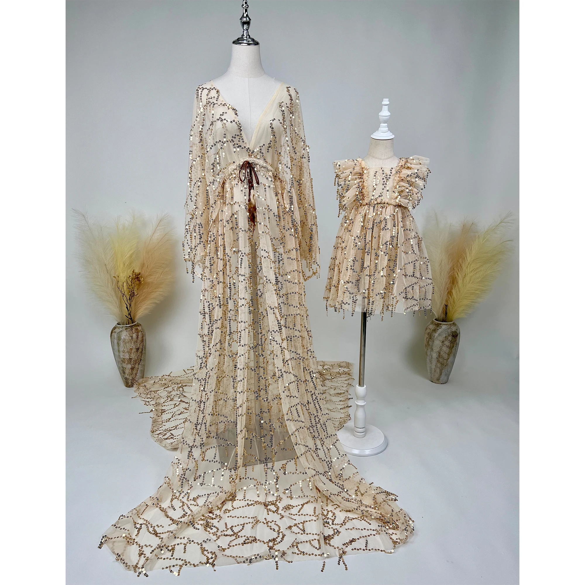 Don&Judy Maternity Evening Mom and Girl's Dress V-Neck Long Sleeve Sequin Embellished Sheer Overlay with Train Photography Dress