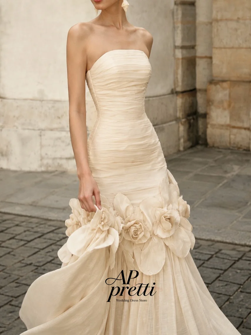 AP pretti Graceful Taffeta Wedding Dresses Handmade Flowers Strapless Customized Sleeveless Sheath Floor-Length Bridal Gown