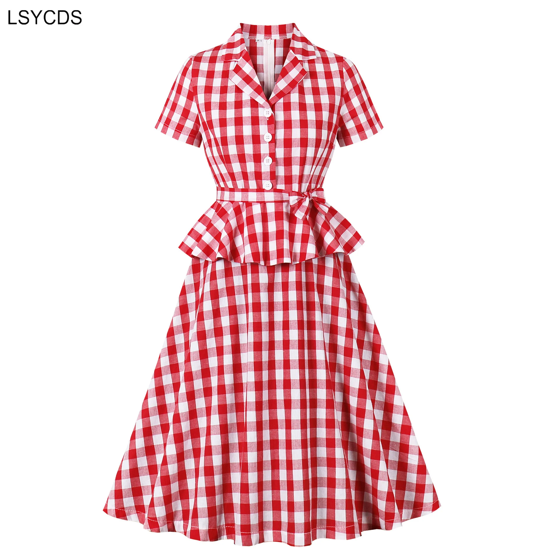 LSYCDS Spring/Summer Elegant Red Gingham Cotton Midi Women Dress Notched Collar Buttons Belted 1950s Vintage Plaid Peplum Dress