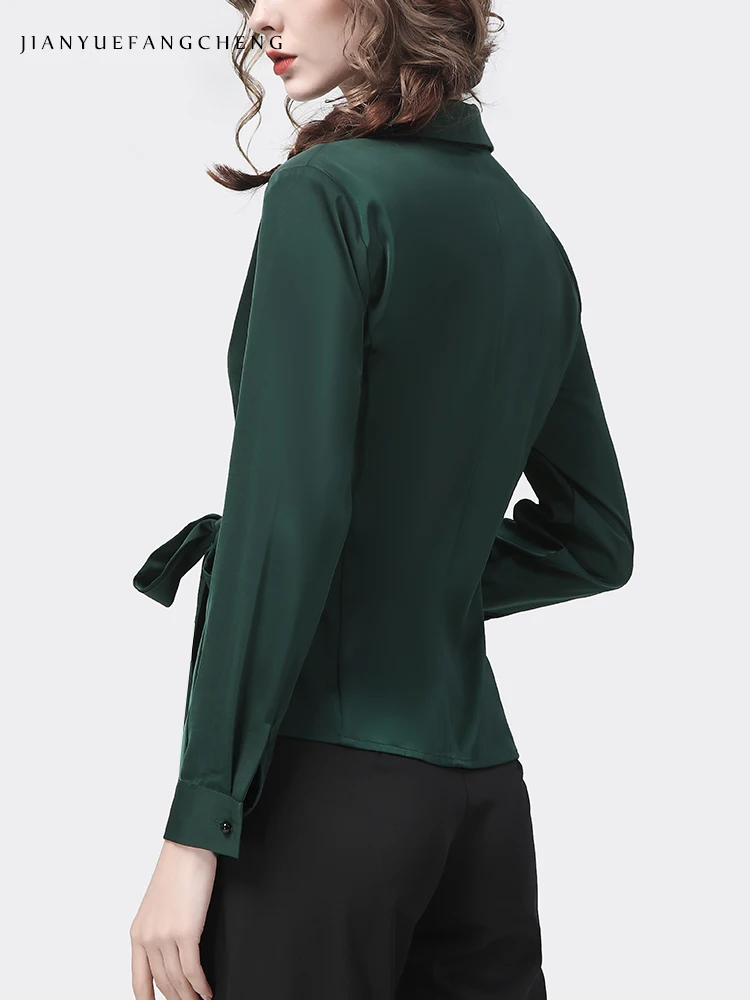 Womens Long Sleeve Green Satin Lace-Up Shirt Crossed V-Neck Elegant Slim Fit Spring Summer Ladies Tops Casual Working Blouses