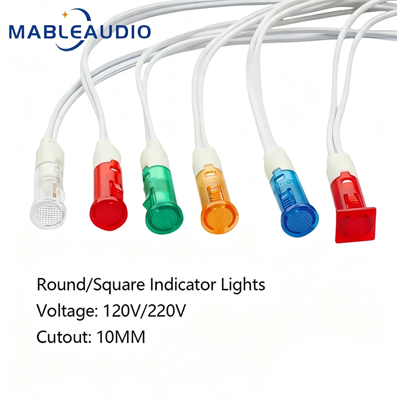 10MM Pre‑Wired Panel Indicator Light 120V‑220V Round Square Head Pilot Signal Lamp for HIFI Tube Amplifier Chassis DIY 5PC