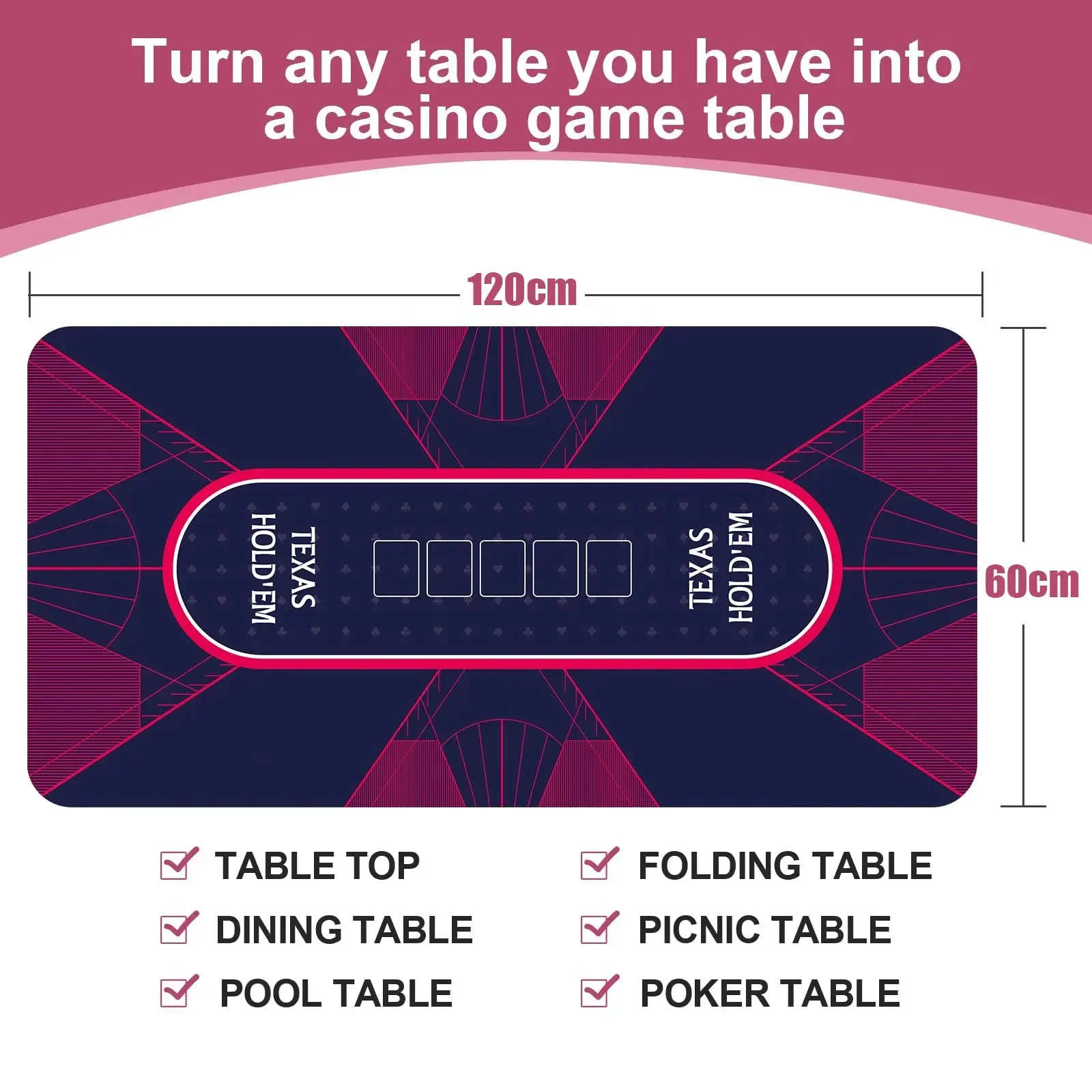 60x120cm Waterproof Poker Mat 6 Players Texas Hold'em Poker Mat Professional Poker Mat Anti-Slip Rubber GameTable Top Layout