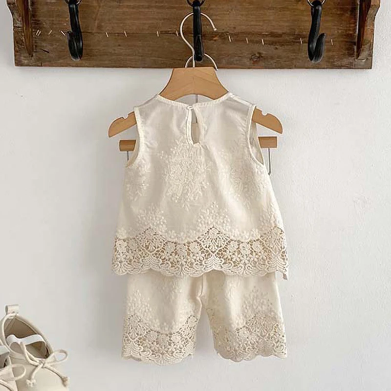 2024 New Summer Korean Style Children Clothes Suit Sleeveless Cotton Embroidered Vest+Pants Infant Baby Girls Clothing Set