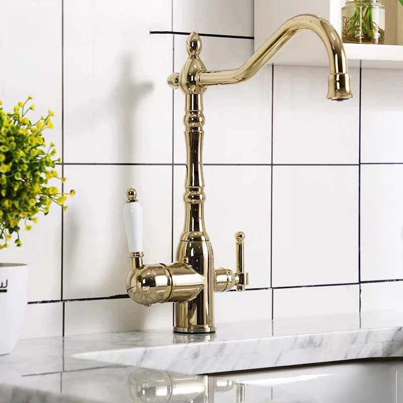 Golden Kitchen Filter Faucet Brass 360 Rotation Purification Kitchen Faucet Double Handle Dual Water Mode Hot Cold Mixer Taps