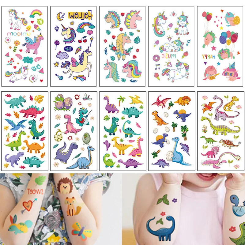 10 Sheets/Set Fake Tattoo Stickers Cartoon Animal Dinosaur Mermaid Unicorn Temporary Tattoos Kids Arms DIY Body Art