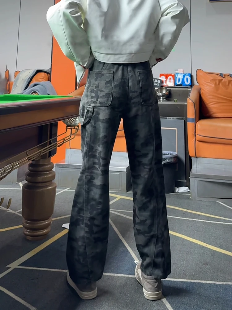 

American Retro Fce Lined Camouflage Denim Pants Men's Autumn Winter Sle High Street Rise Flared Trousers Workwear