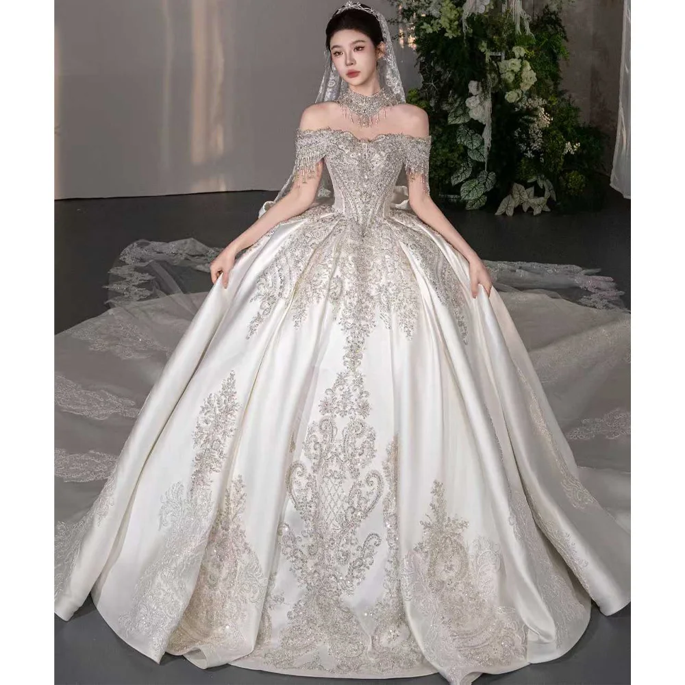 Elegant Off-The-Shoulder Sweetheart Wedding Dress Lace-Up Back Bow Embroidered Beading Customizable 2026 Style