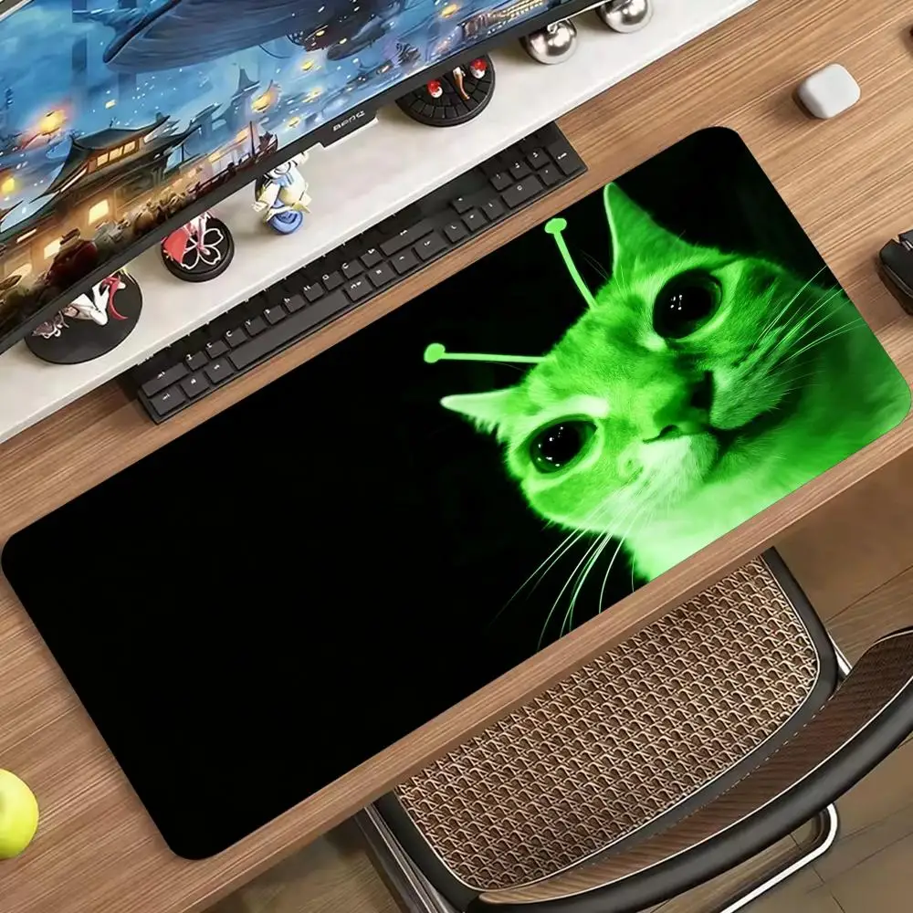 Extended Gaming Mouse Pad Alien Green Cat Pattern Stitched Edge Non Slip Rubber Desk Mat Smooth Surface For Gamers Office